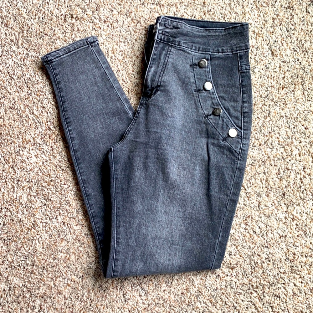 Black Skinny Jeans with Sailor Waist Buttons